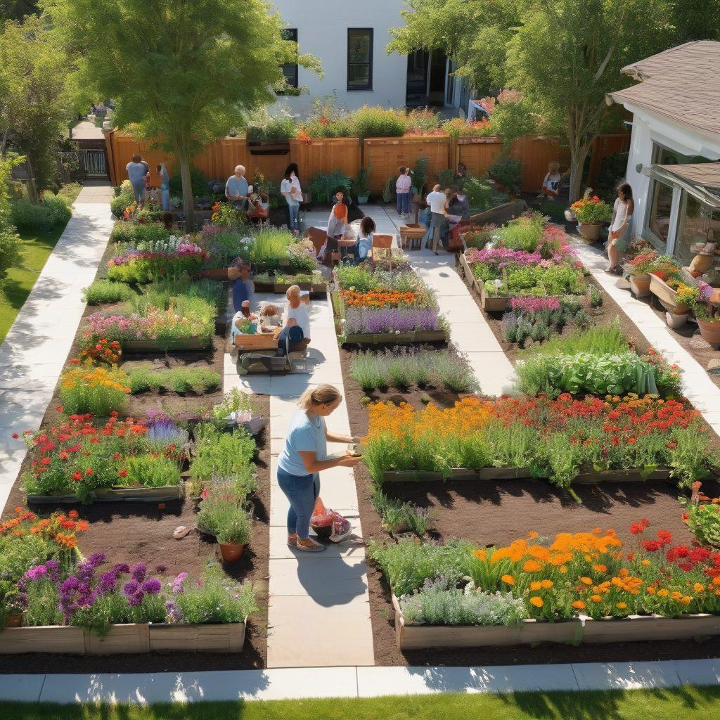 A vibrant community garden with diverse people of all ages working together, planting flowers and vegetables, smiling and interacting, surrounded by greenery and colorful blossoms. In the background, there are cozy gathering spaces with picnic blankets and children playing. Overhead, a bright sun encourages a warm atmosphere. super-realistic. vibrant colors. white background.