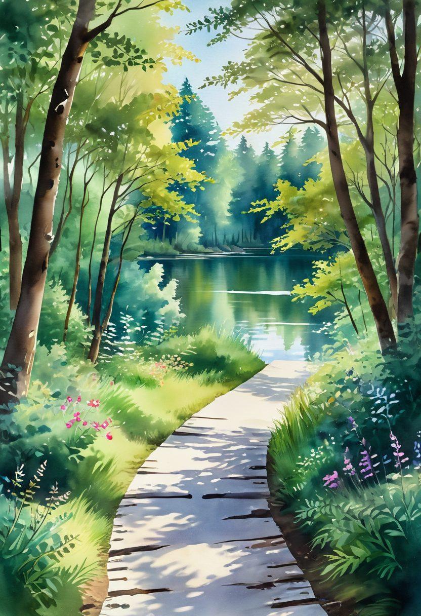 A serene pathway winding through a lush green forest, symbolizing emotional well-being. At various points along the path, individuals engage in mindfulness practices like meditation and yoga. Soft sunlight filters through the trees, casting calming shadows and illuminating vibrant flowers along the sides. In the distance, a tranquil lake reflects the beauty of nature. watercolor painting. soothing tones.