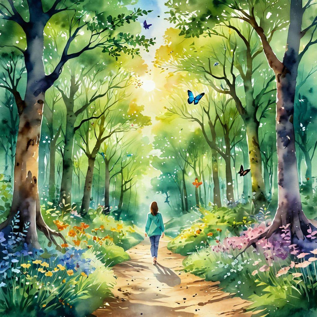 A serene landscape with a radiant sunrise illuminating a path through a lush green forest, symbolizing the journey to happiness. Include a joyful figure meditating under a blossoming tree, surrounded by butterflies and flowers. Incorporate elements of emotional well-being, such as hearts and glowing light surrounding the figure. watercolor style. vibrant colors. soft focus.